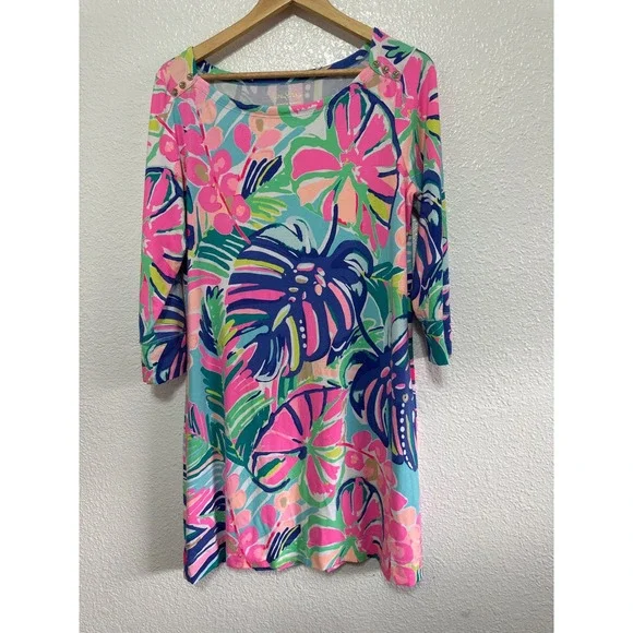 Lilly Pulitzer XL Tropical Floral Sophia Print Shift Dress Gold Button 17412